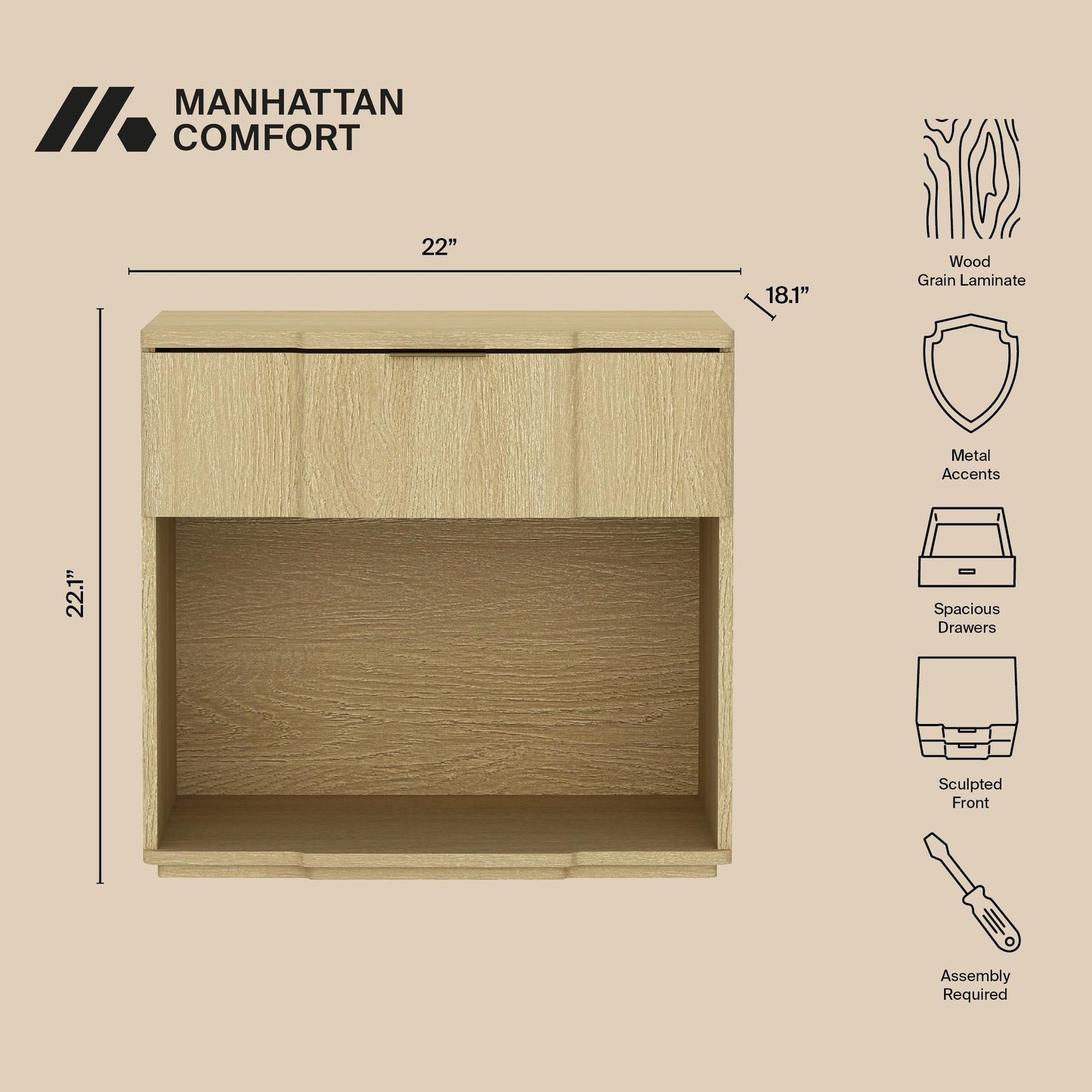 Manhattan Clive - 1-Drawer Nightstand