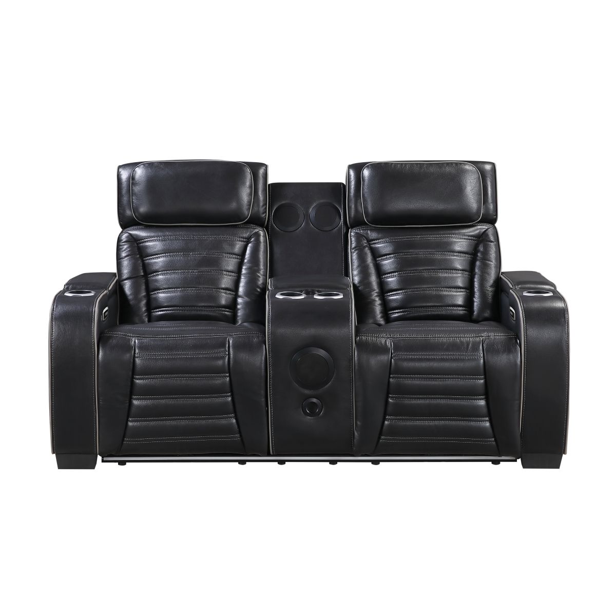 Cyber Power Double Reclining Love Seat with Center Console, Power Headrests, Storage Arms(Top and Side) ,Cup Holders, Wireless Speakers with Sub-Woofer, Air Massage, Heat, LED Lighting and Charging Ports
