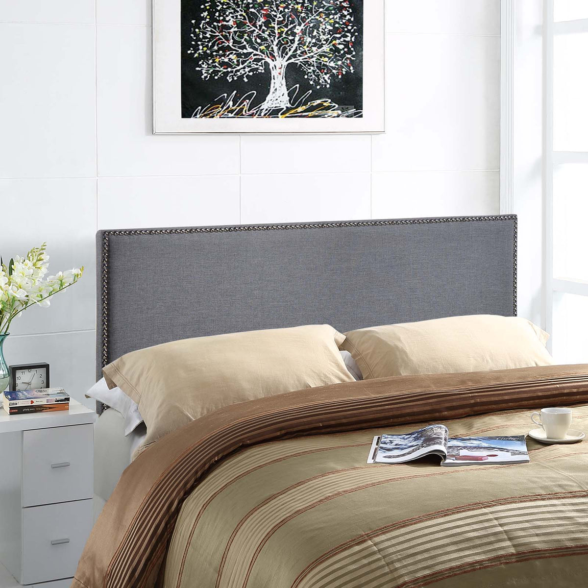 Region Nailhead Upholstered Headboard - Queen, Smoke