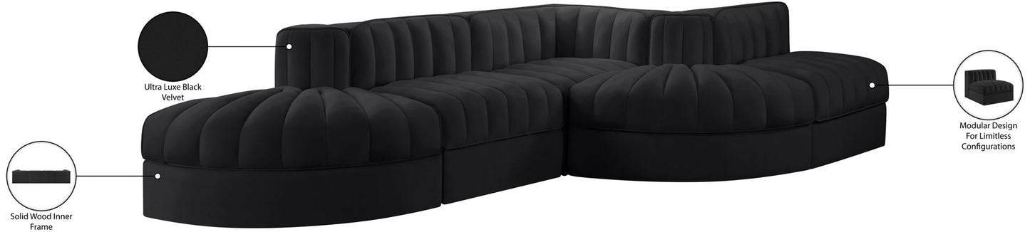 Rummi - Rounded Velvet Performance Fabric Upholstered 5 Piece Modular Sectional