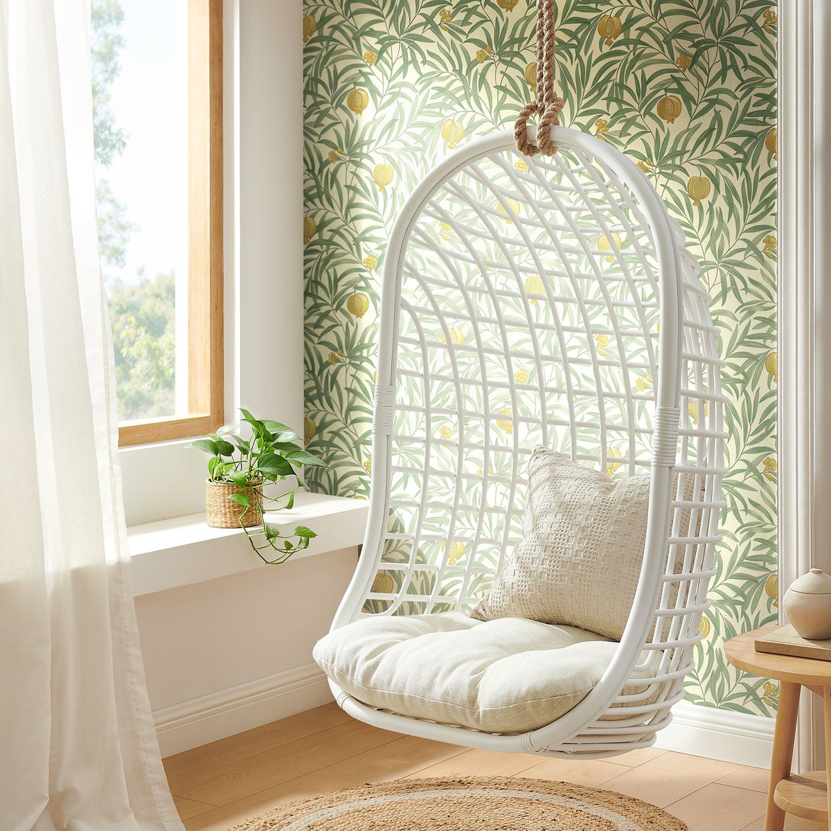 Tamsin Open Grid Weave Natural Rattan Hanging Chair - White