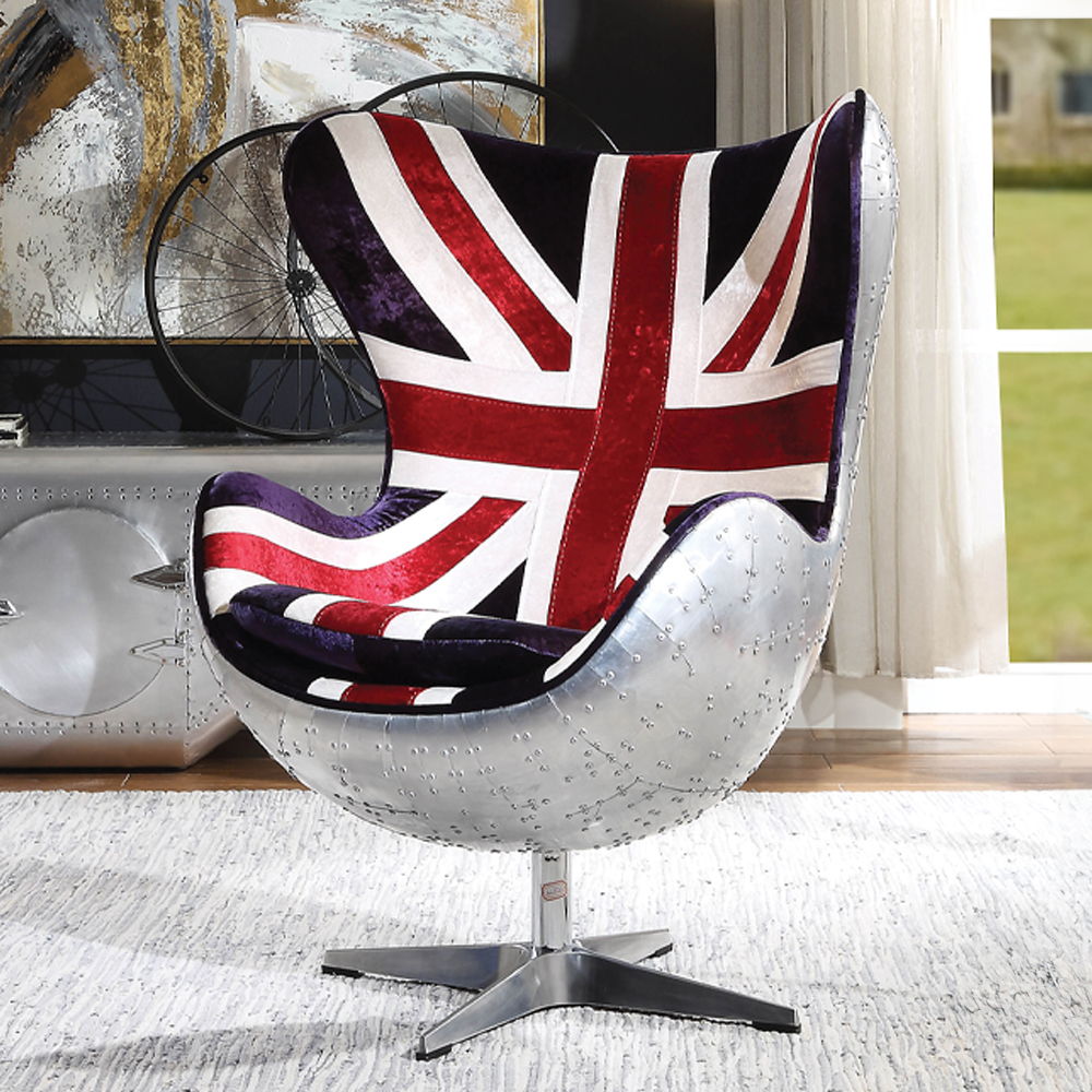 Brancaster - British Flag Accent Chair With Swivel - Pattern Fabric & Aluminum