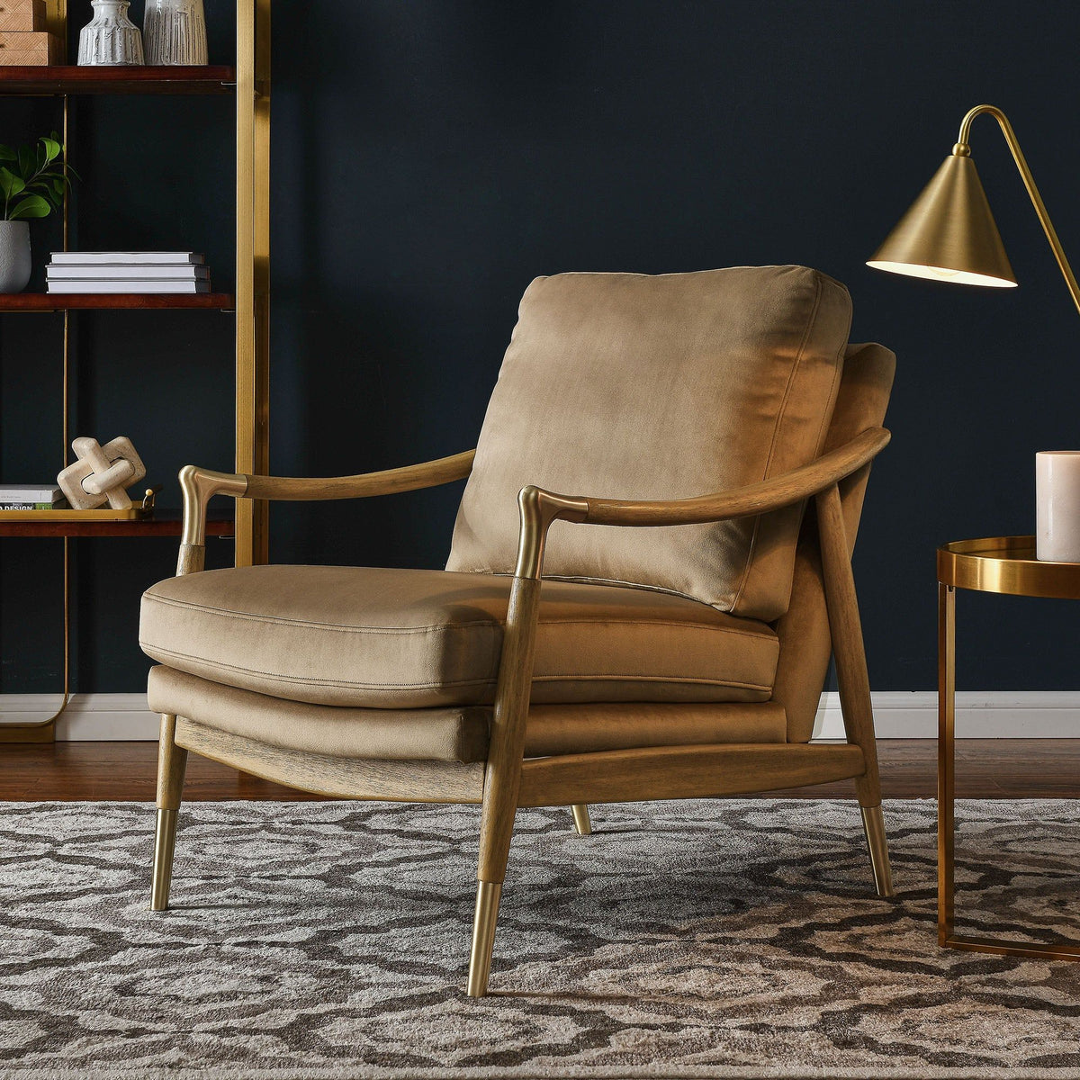 Langford Performance Velvet Accent Armchair - Taupe Walnut