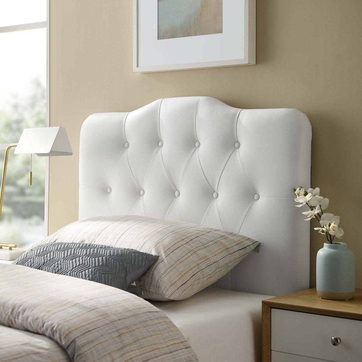 Annabel Diamond Tufted Upholstered Vinyl Headboard - Twin, White