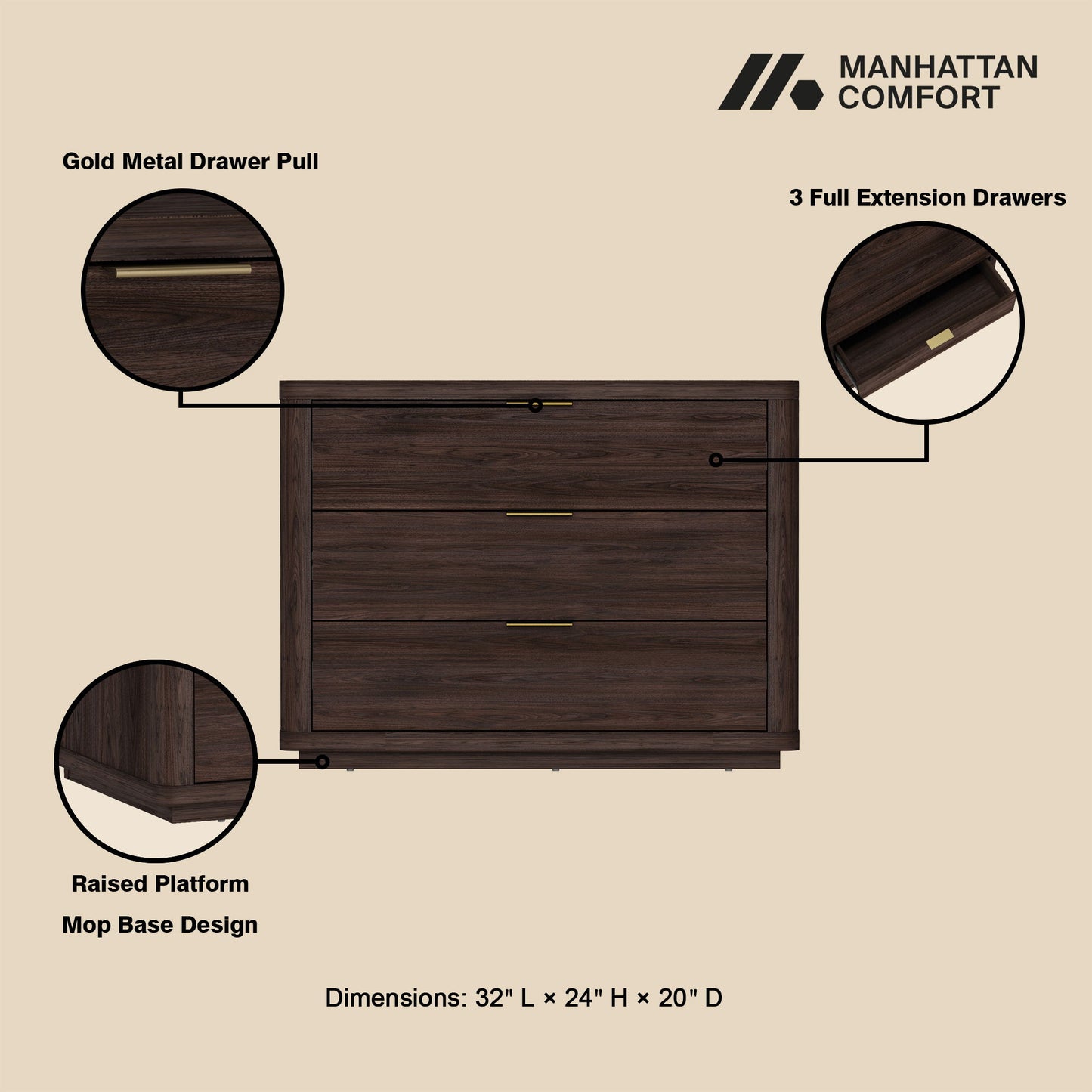 Manhattan Evelyn - 3-Drawer Wooden Nightstand