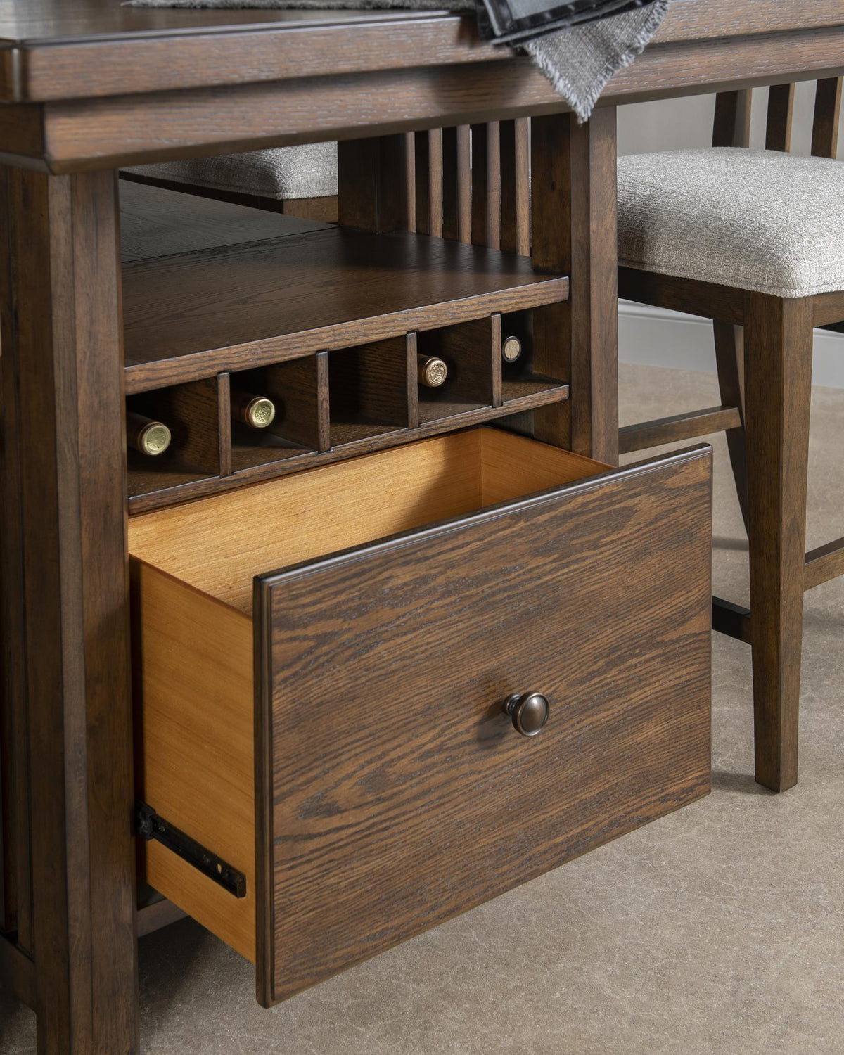 Langley - Complete Counter Height Table With Wine Storage - Fawn