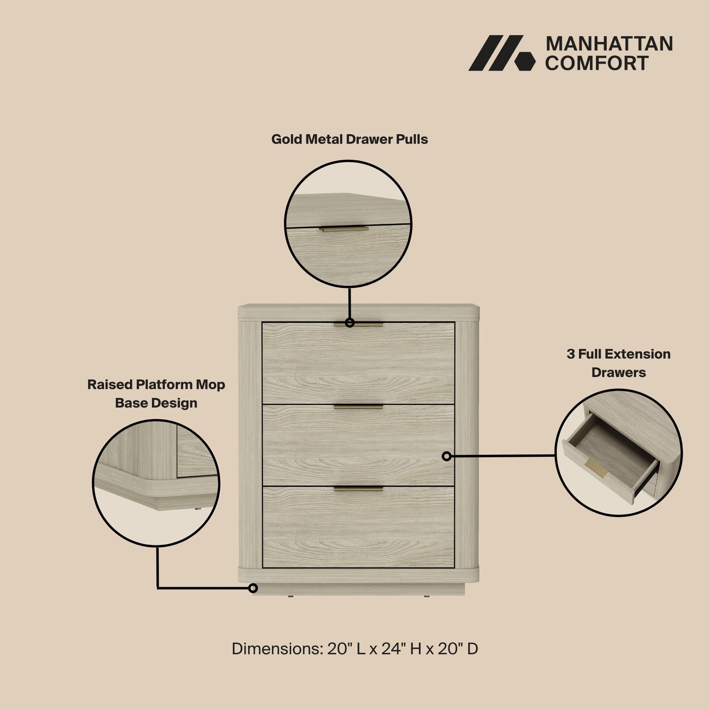 Manhattan Evelyn - 3-Drawer Nightstand