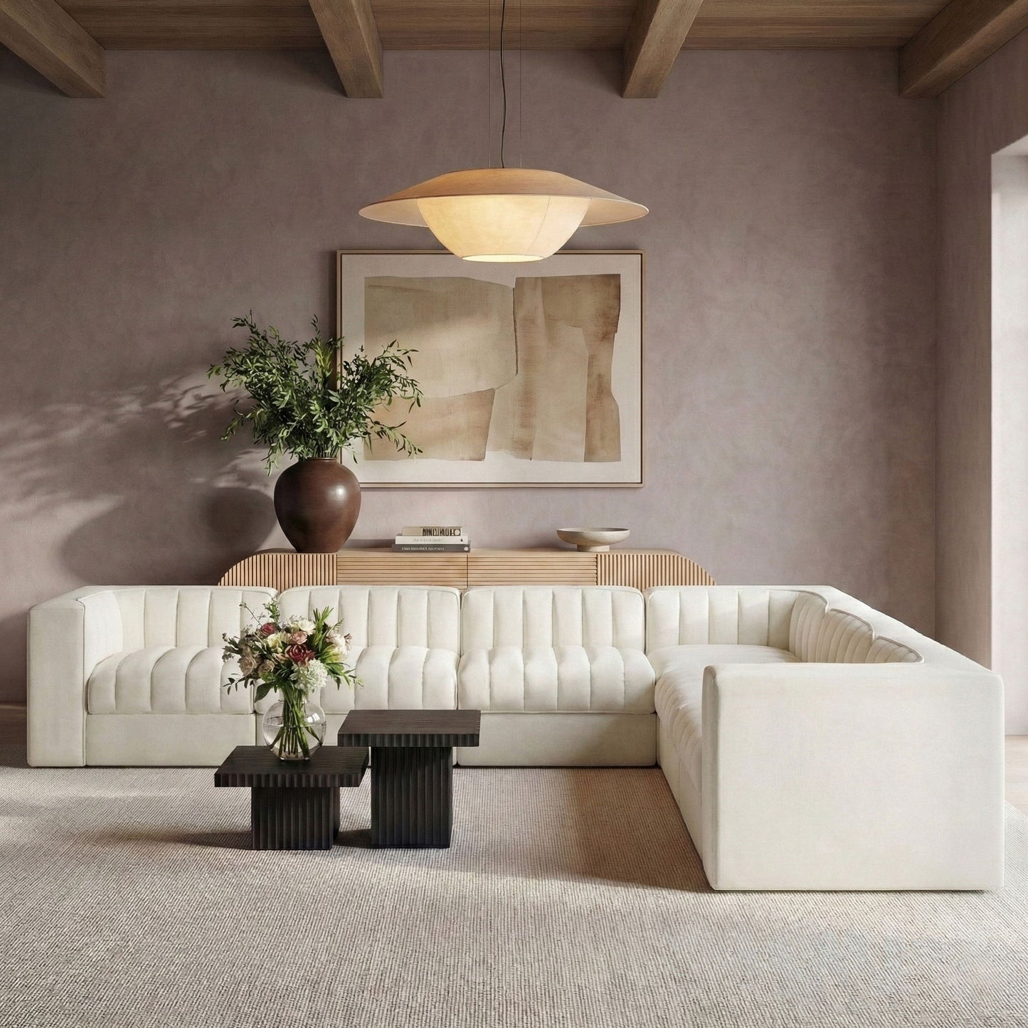 Rummi - Symmetrical Velvet Performance Fabric Upholstered 7 Piece Modular Sectional (With 3 Corner Chairs)