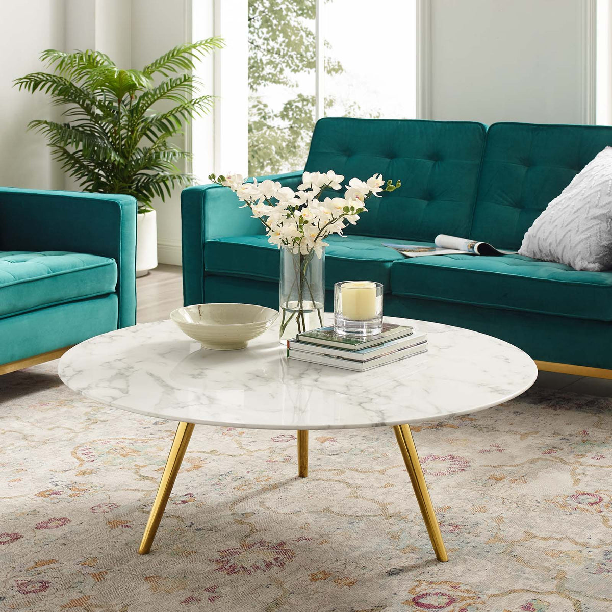 Lippa Round Artificial Marble Coffee Table with Tripod Base - 40", Gold White