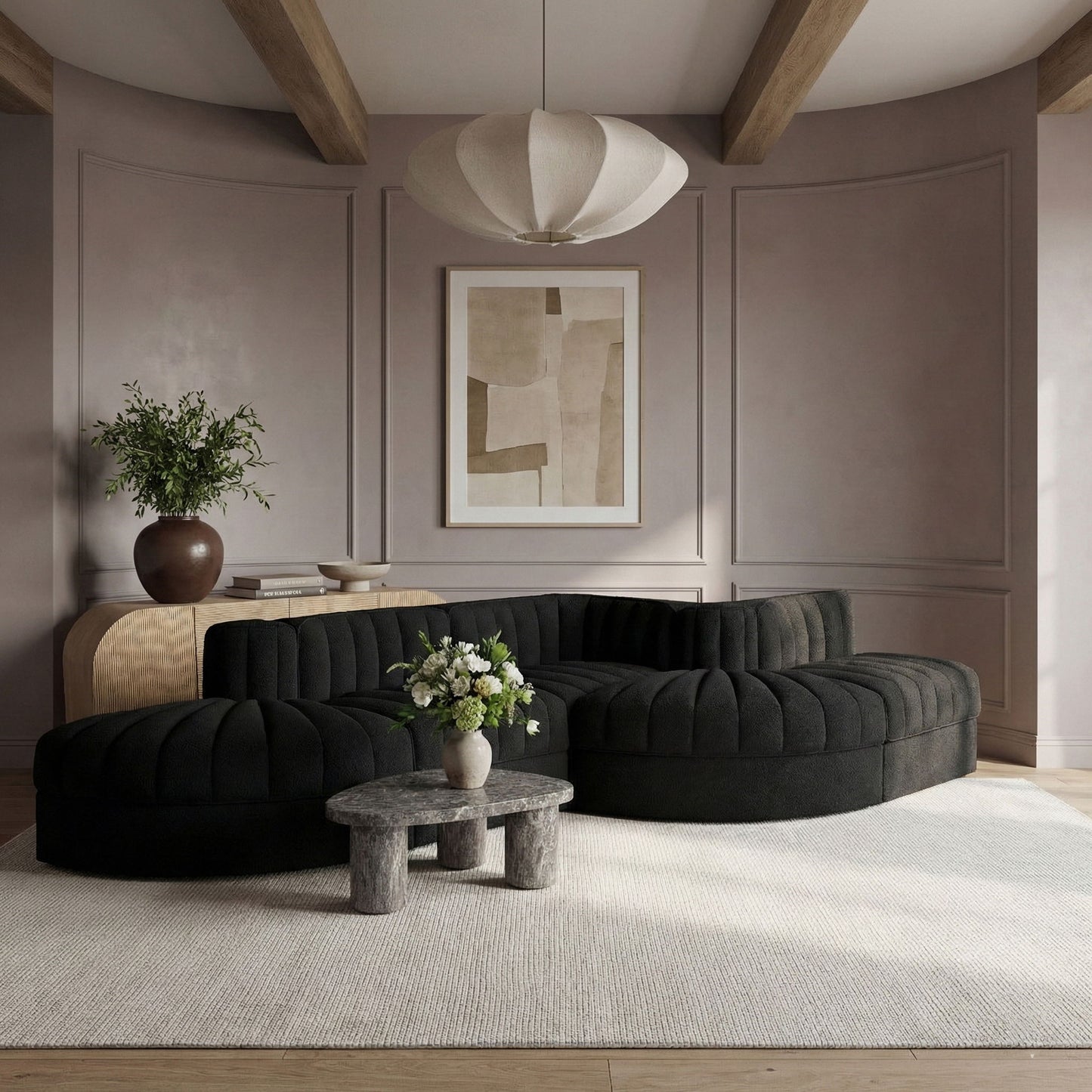 Rummi - Rounded Velvet Performance Fabric Upholstered 5 Piece Modular Sectional