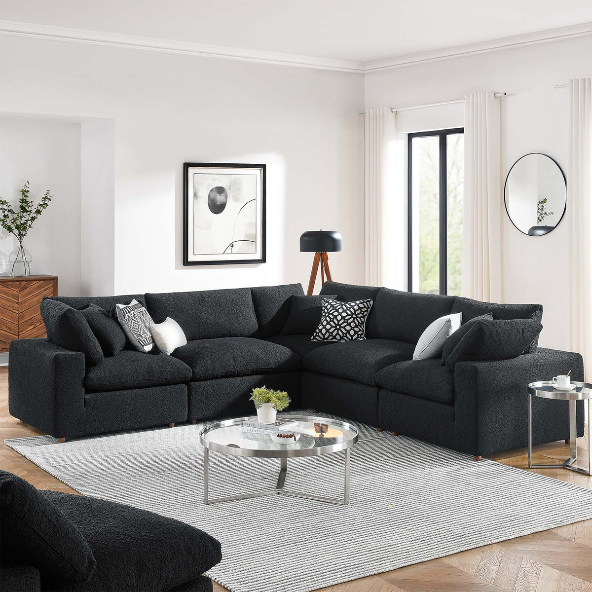Commix Down Filled Overstuffed Boucle 5-Piece Sectional Sofa - Black