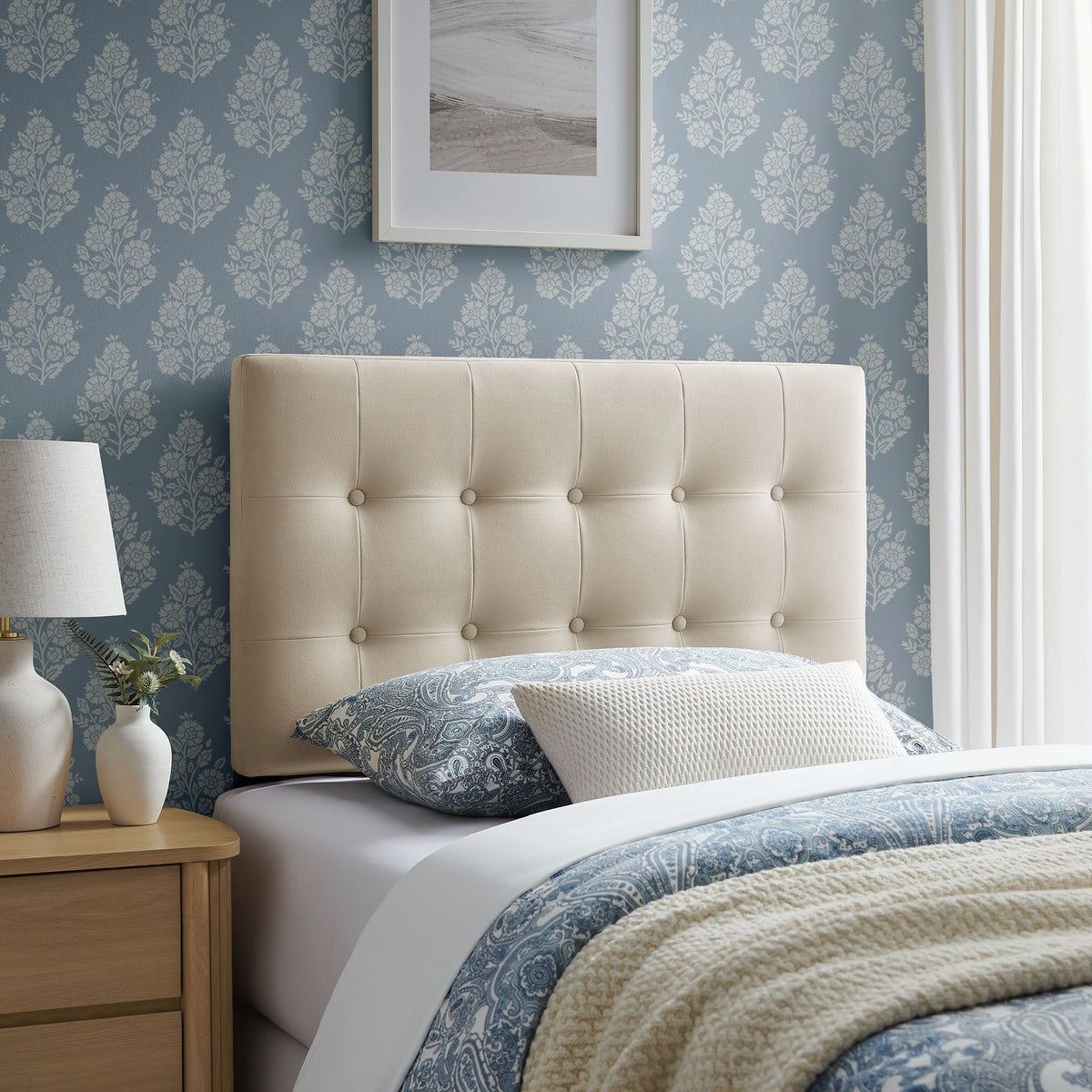 Emily Biscuit Tufted Performance Velvet Headboard - Twin, Alabaster