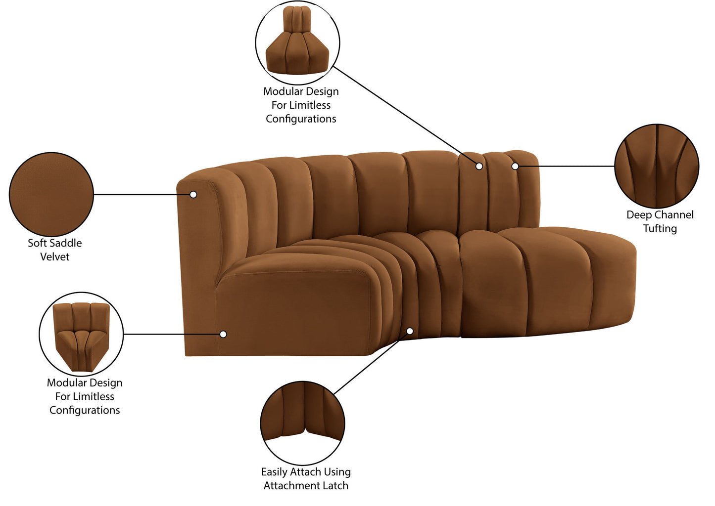 Arc - Velvet 3 Piece Modular L-Shaped Sofa - Saddle