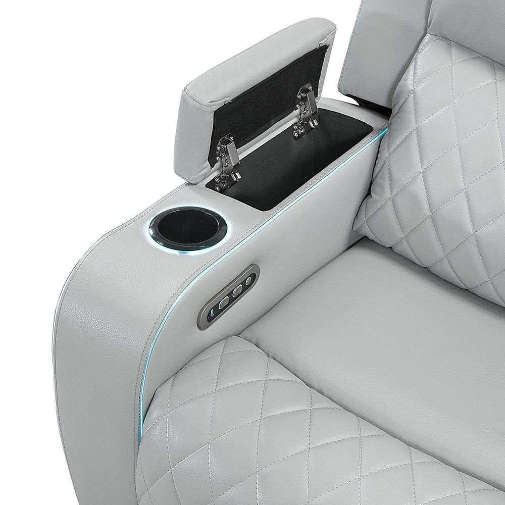 Elonzo - Power Motion Recliner With LED, Power Headrest & Speaker - Light Gray