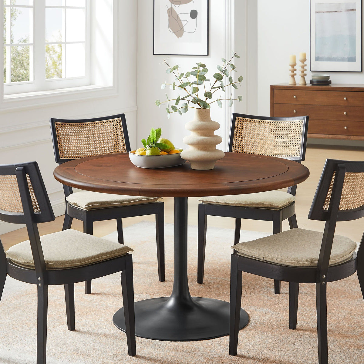 Lippa 48" Round Pedestal Solid Wood Dining Table - Solid Wood, Black Walnut