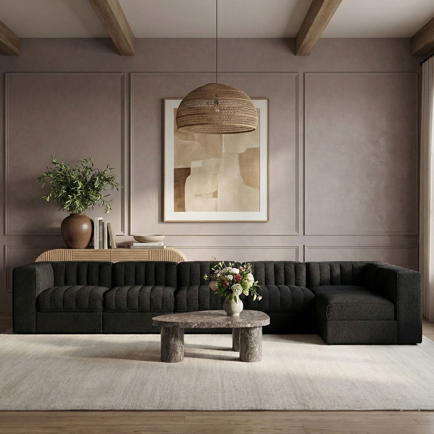 Rummi - Velvet Performance Fabric Upholstered 6 Piece Modular Sectional, L-Shaped (Right)