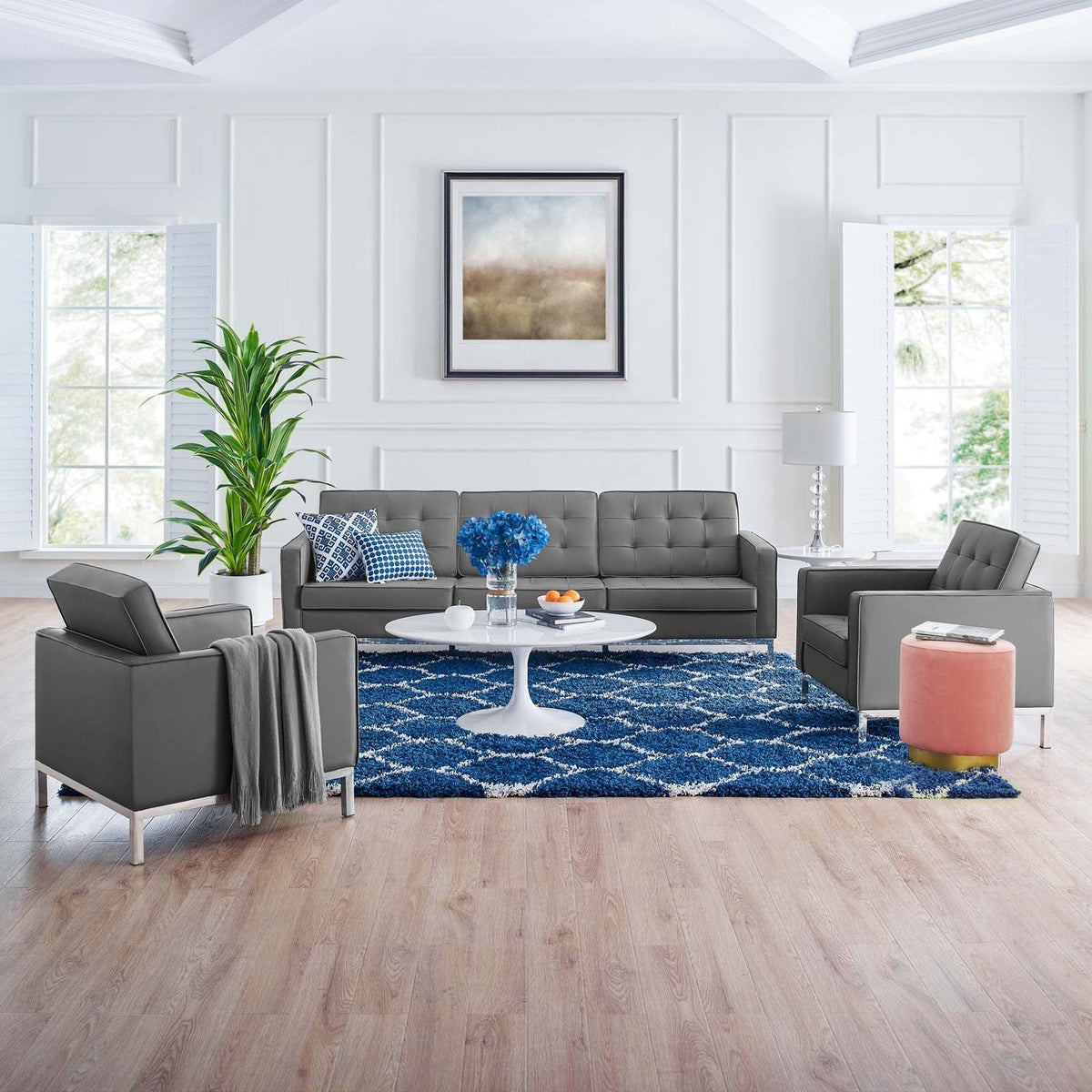 Loft Tufted Vegan Leather 3-Piece Furniture Set - Silver Gray
