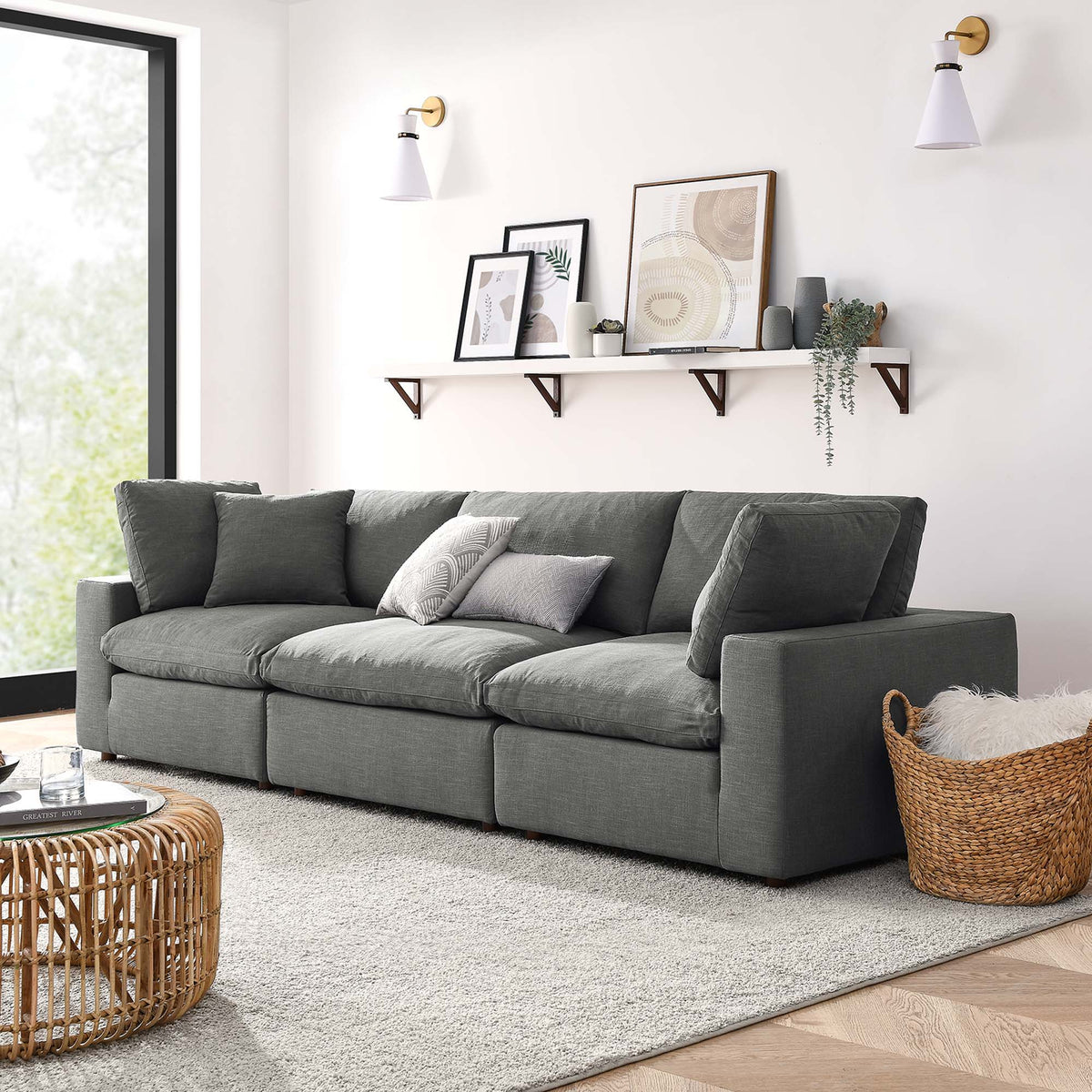 Commix 3 Piece Down Filled Overstuffed Sectional Sofa Set - Gray
