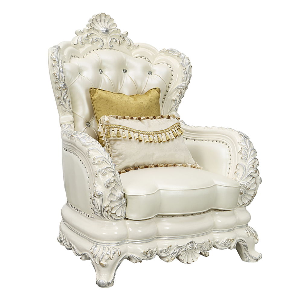Adara - Chair With 2 Pillows - Pearl White Synthetic Leather & Antique White