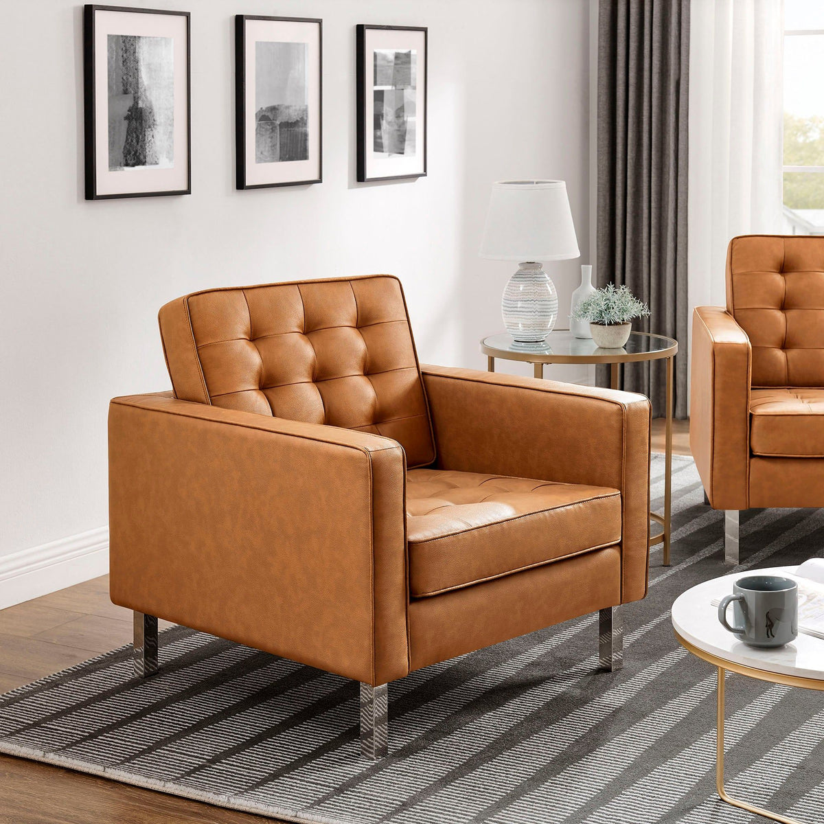 Loft Tufted Vegan Leather Armchairs - Set of 2 - Silver Tan