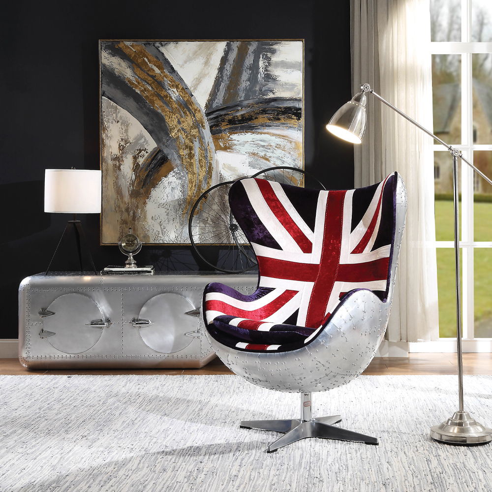Brancaster - British Flag Accent Chair With Swivel - Pattern Fabric & Aluminum