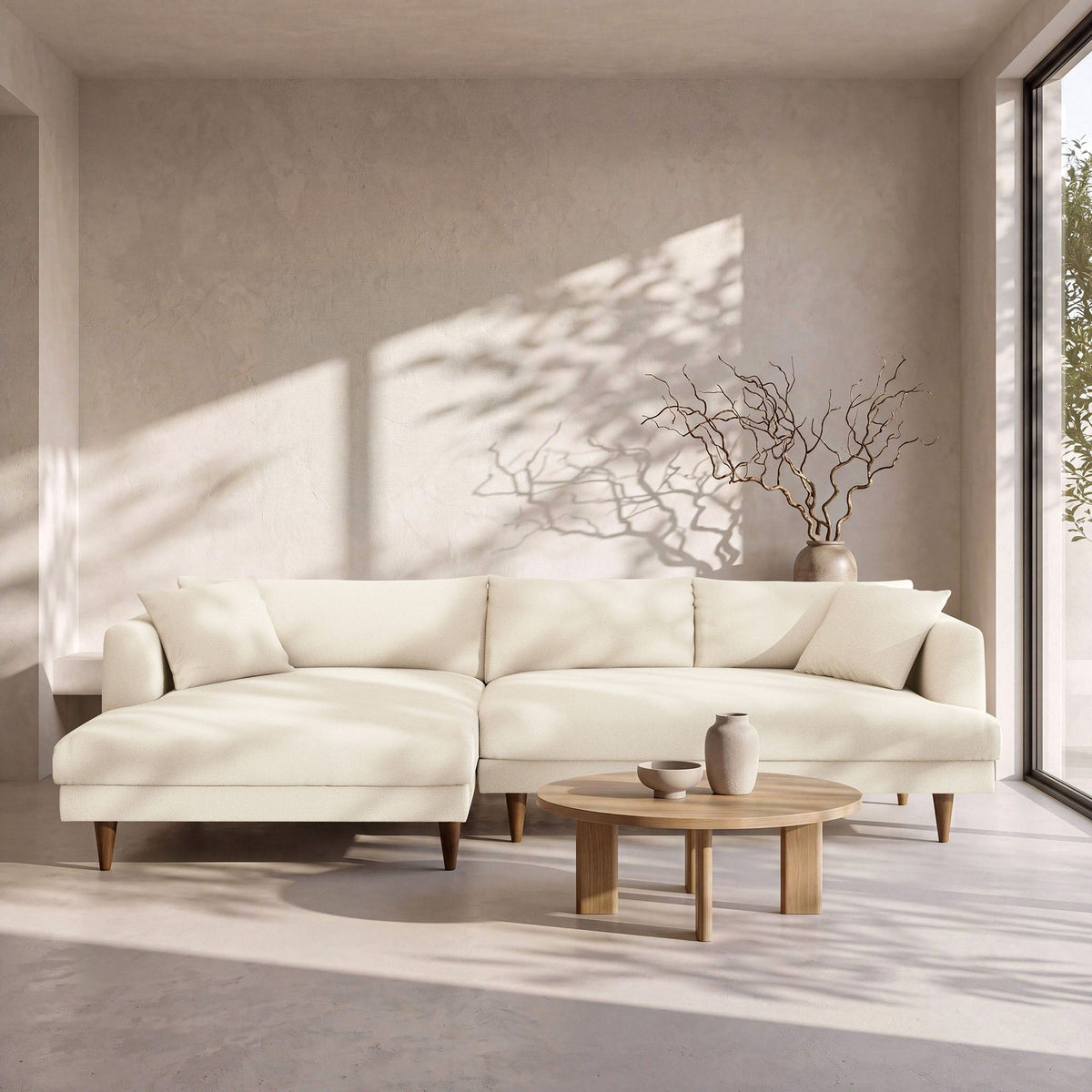 Zoya Left-Facing Down Filled Overstuffed Boucle Sectional Sofa - Cream