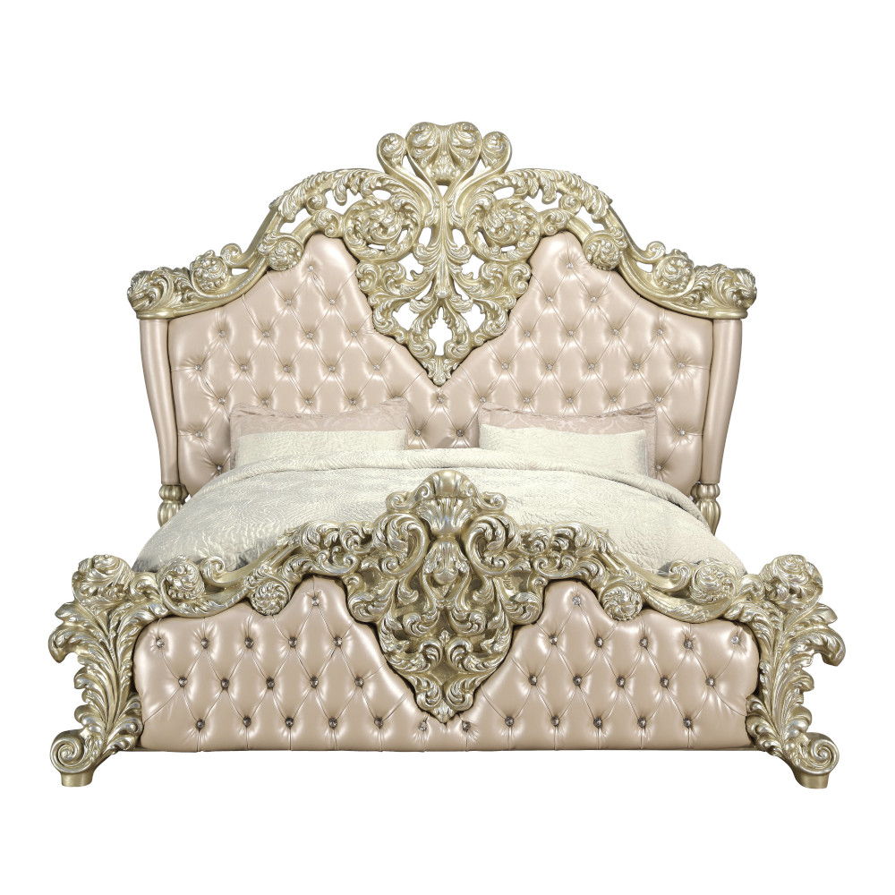Vatican - Eastern King Bed - Synthetic Leather, Light Gold & Champagne Silver