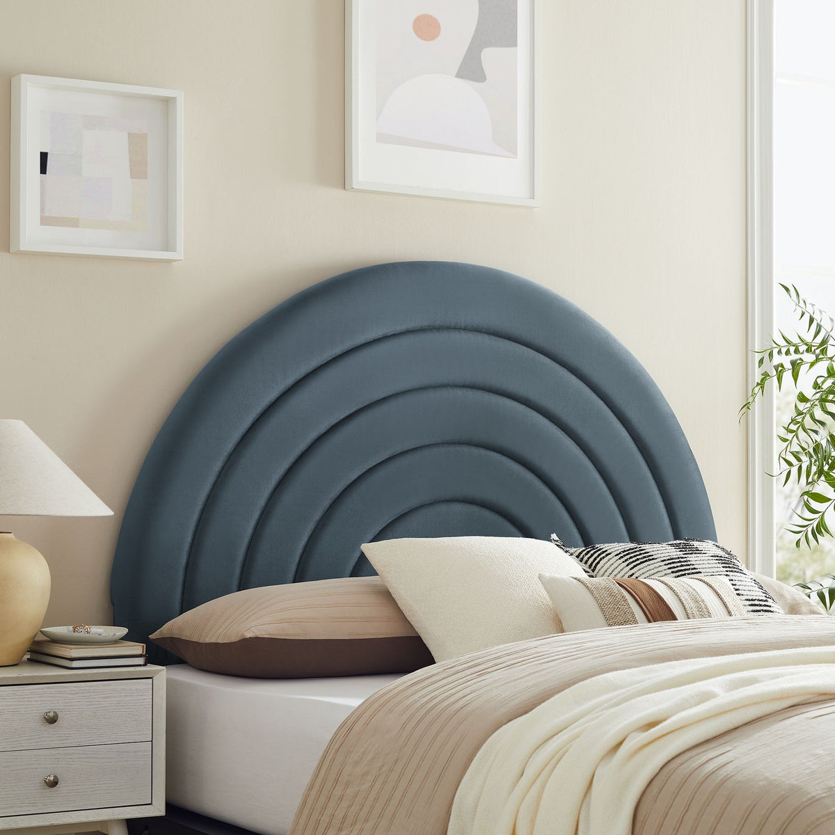 Solana Arched Performance Velvet Headboard - King, Cadet Blue