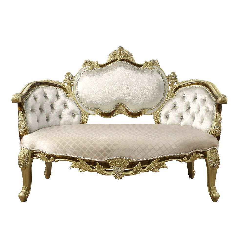 Desiderius - Bench - Beige Fabric, Antique Gold & Hand Paint Brown