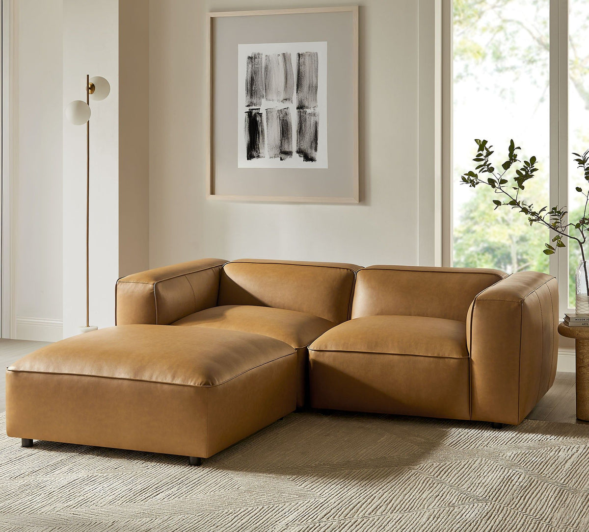 Auren 3-Piece Upholstered Vegan Leather Modular Loveseat with Ottoman - Camel
