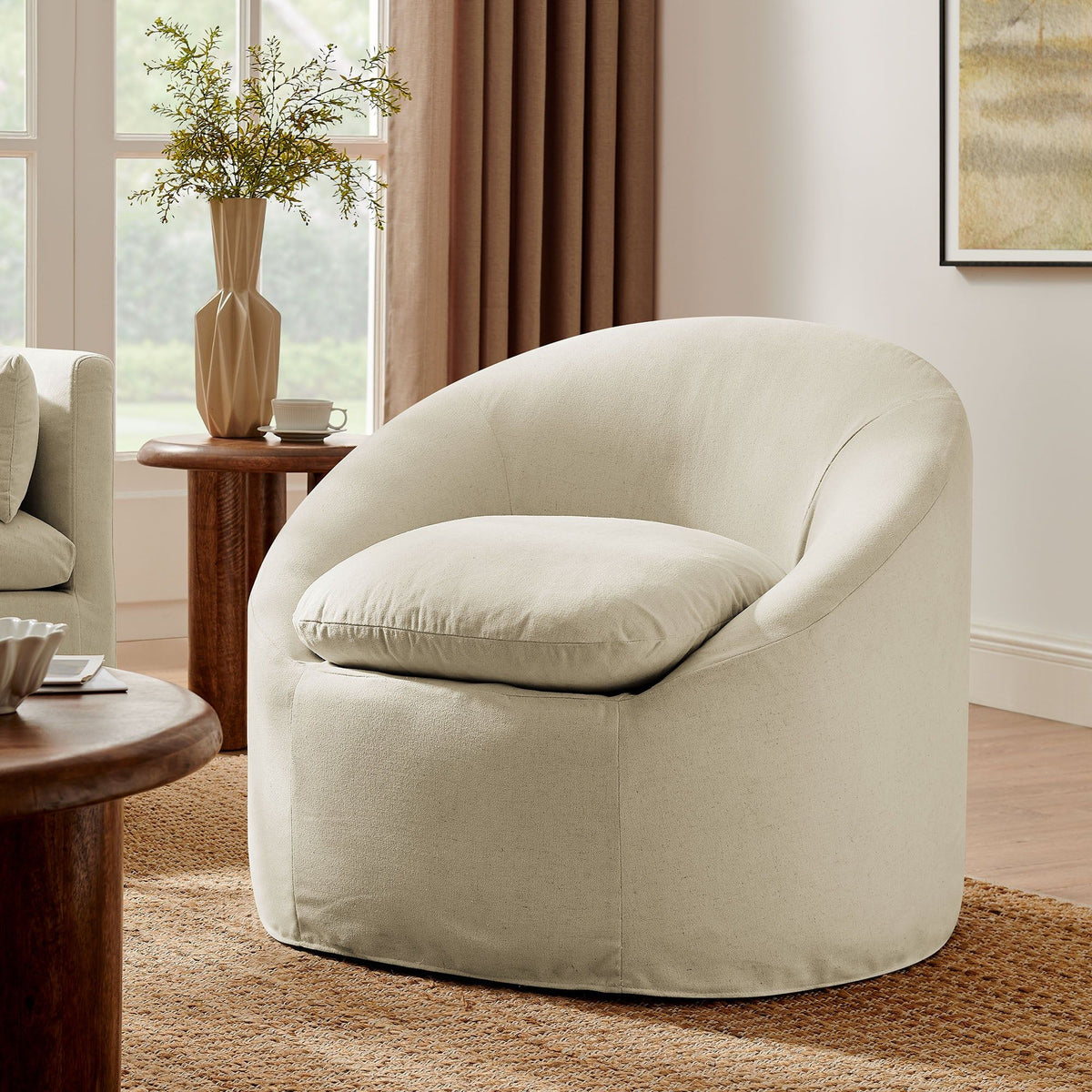 Sadie Slipcovered Linen-Blend Round Accent Chair - Linen