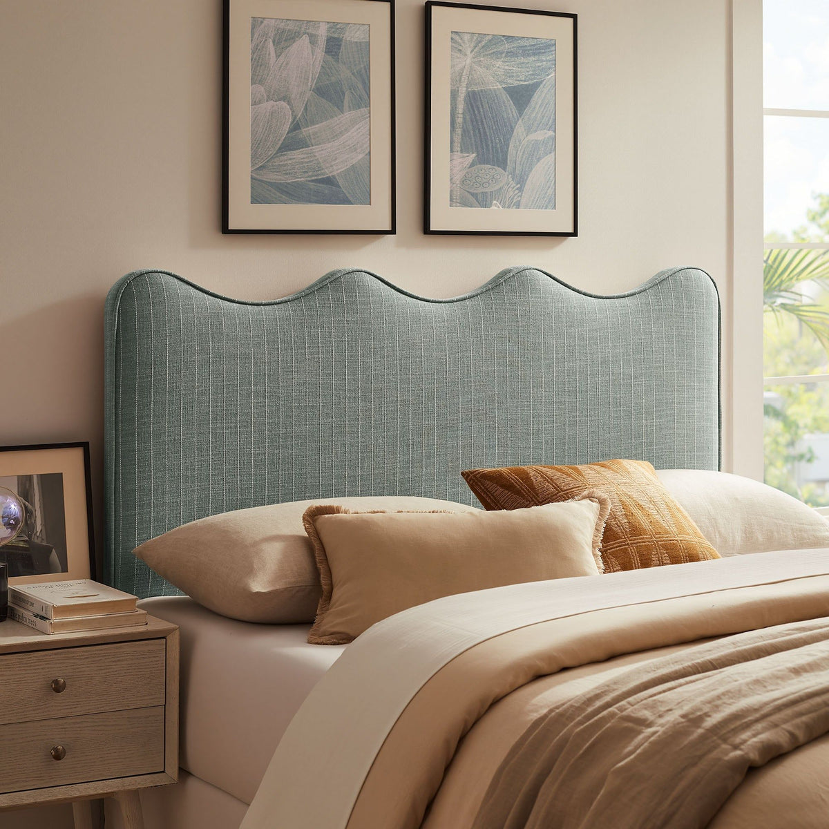 Athena Striped Fabric Upholstered Headboard - Queen, Spa Blue Stripe