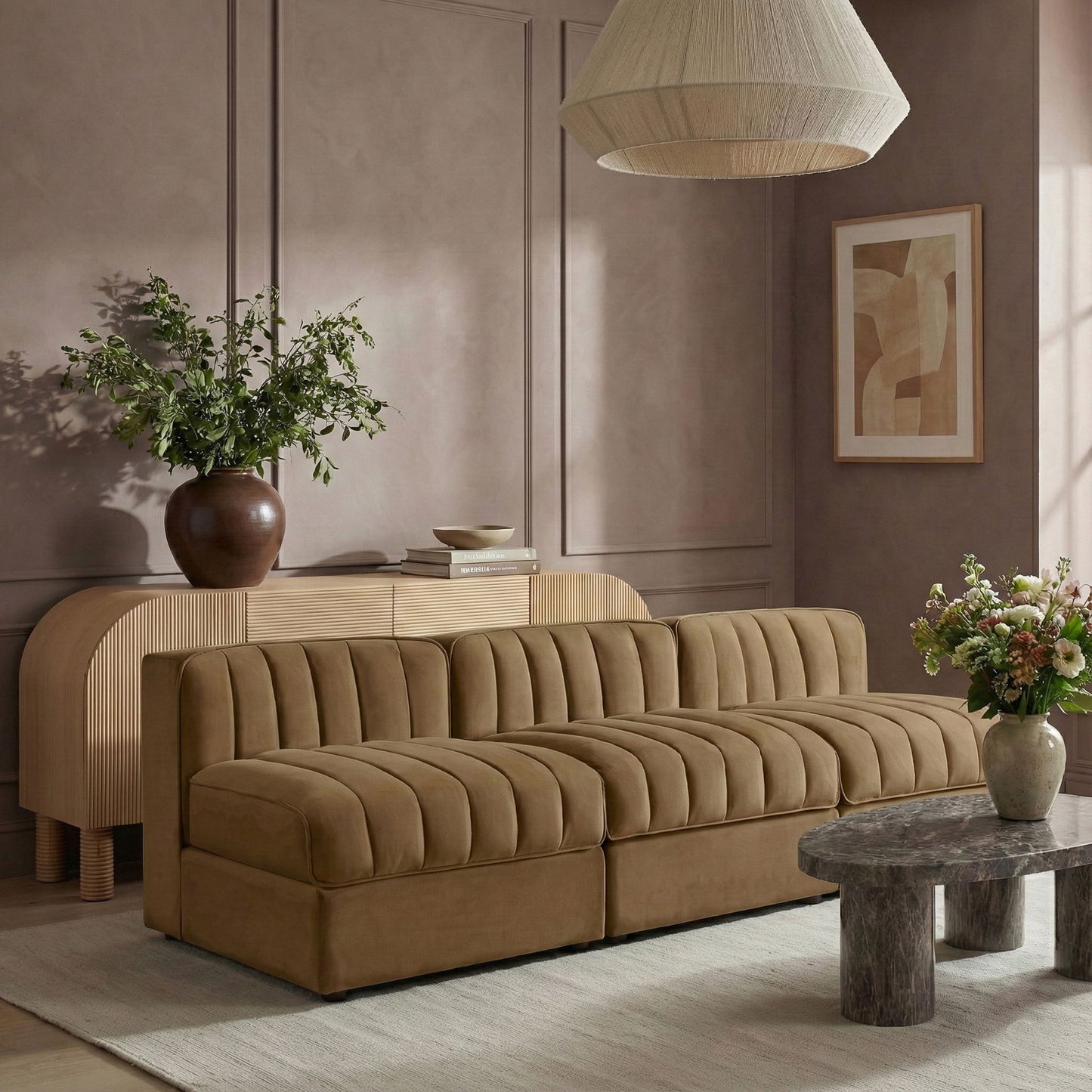 Rummi - Velvet Performance Fabric Upholstered 3 Piece Modular Armless Sofa