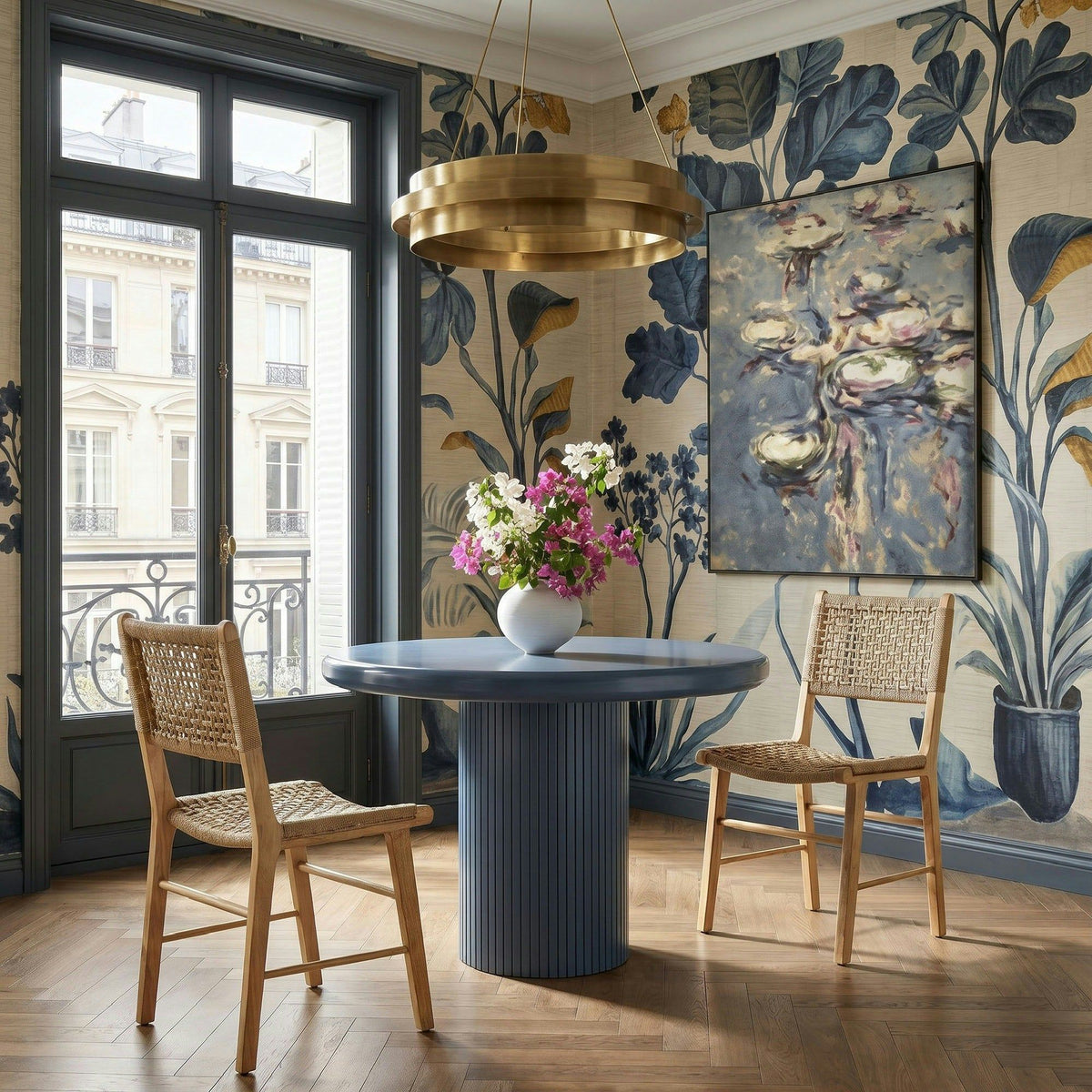 Belmonte 45 Inch Painted Wood Round Pedestal Dining Table - Stillwater Blue