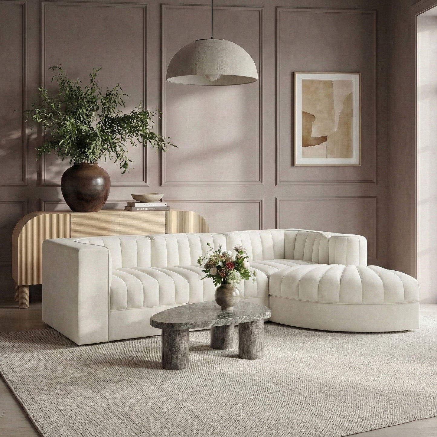 Rummi - Velvet Performance Fabric Upholstered 4 Piece Modular Sectional, With Reverse Corner Chair