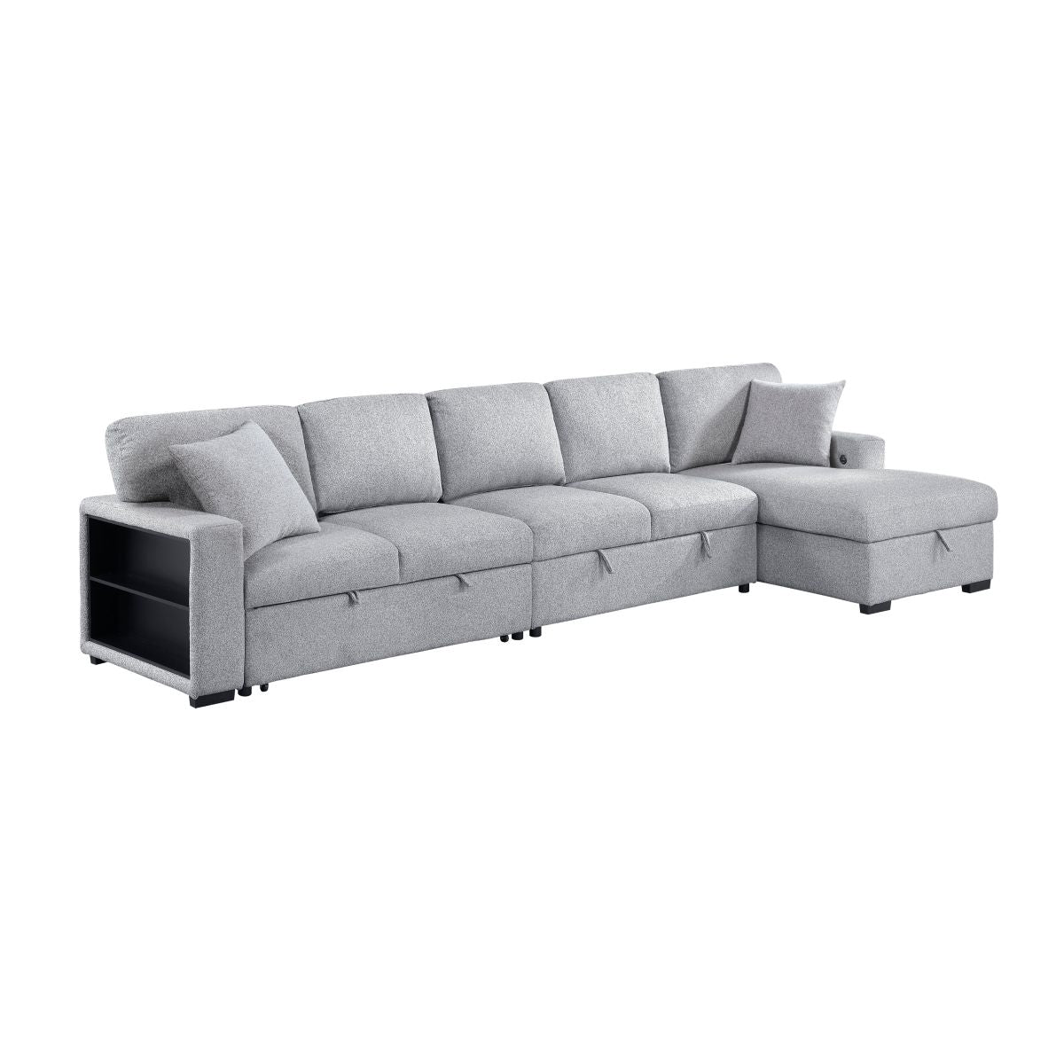 Pompano Sectional with Right Chaise, Pull-out Bed, Hidden Storages and Shelves, Charging Ports