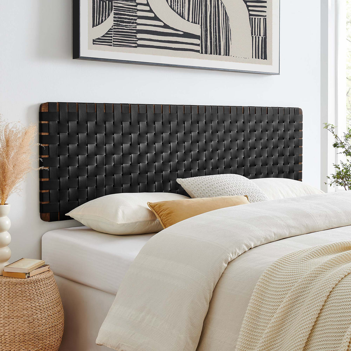 Sparta Weave Wall-Mount Vegan Leather Headboard - King, Walnut Black