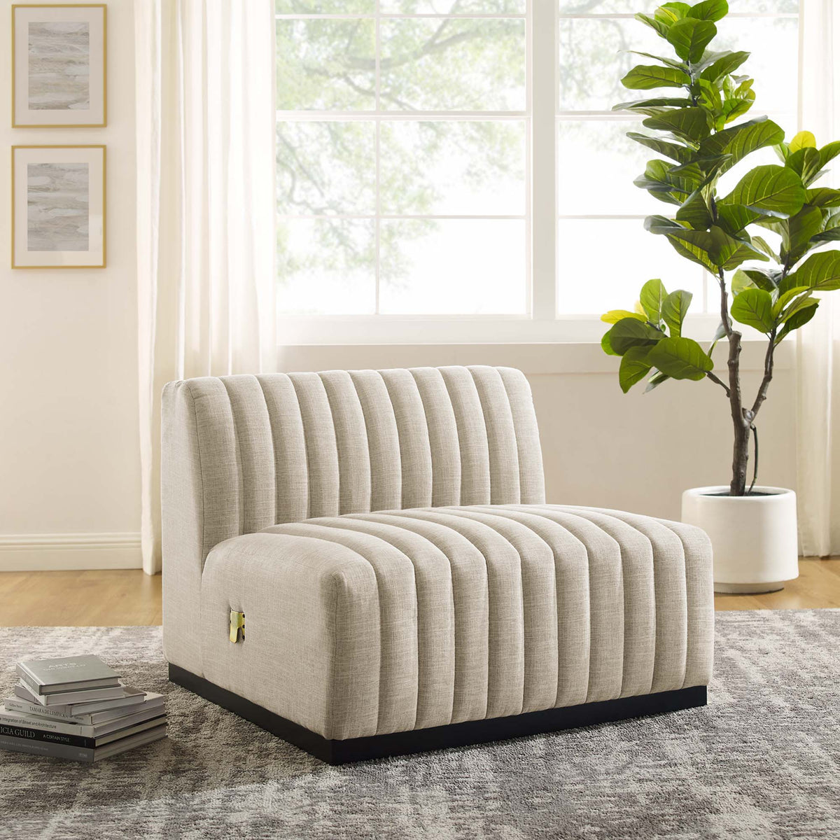 Conjure Channel Tufted Upholstered Fabric Armless Chair - Black Beige