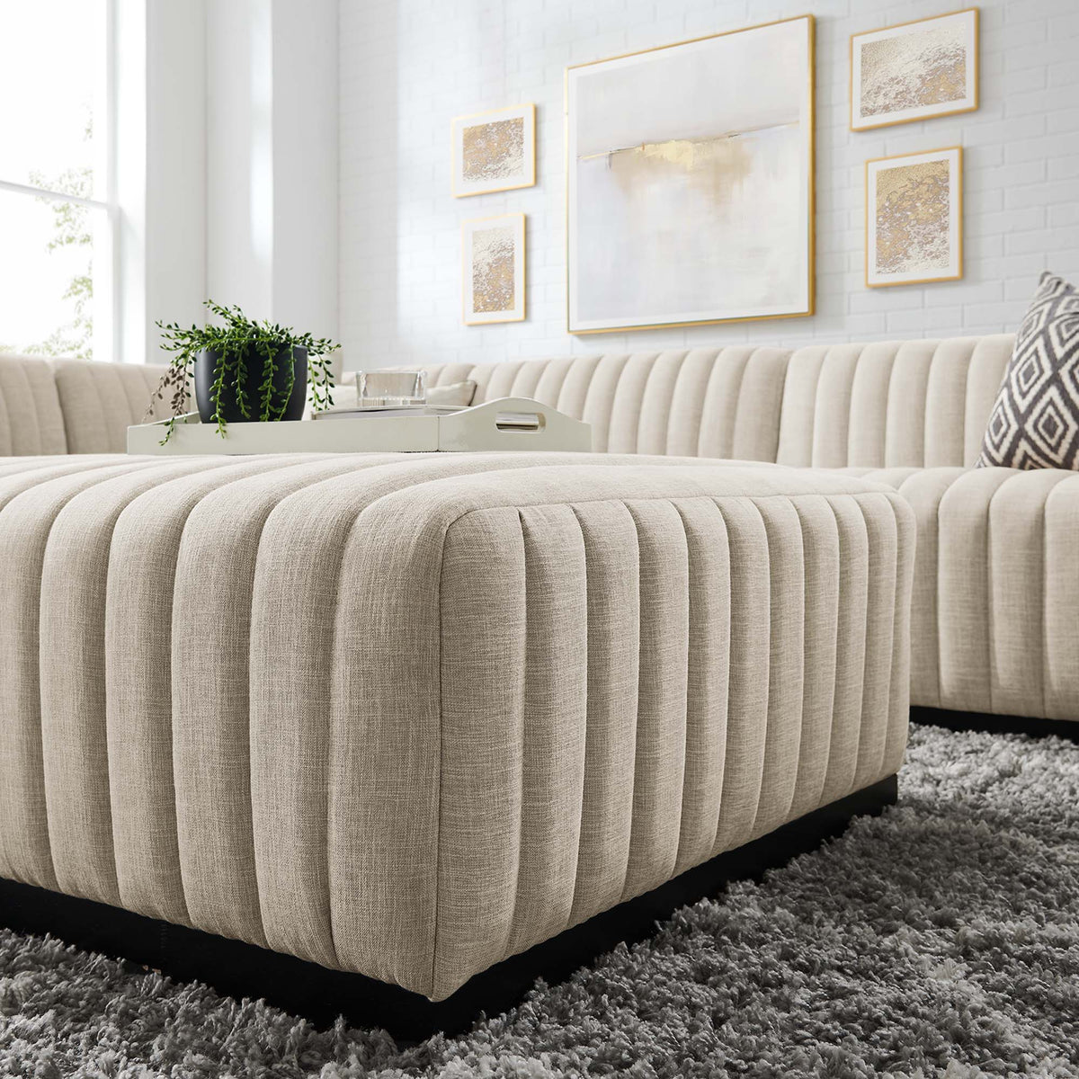 Conjure 5-Piece Channel Tufted Upholstered Fabric Sectional - Black Beige