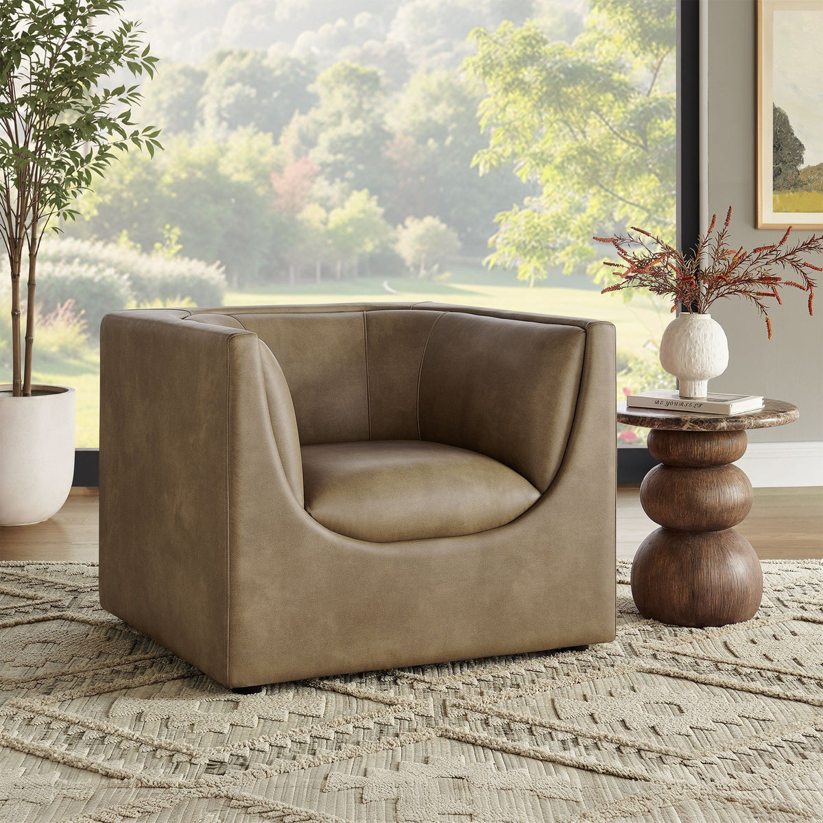 Hilda Curved Back Vegan Leather Armchair - Mushroom
