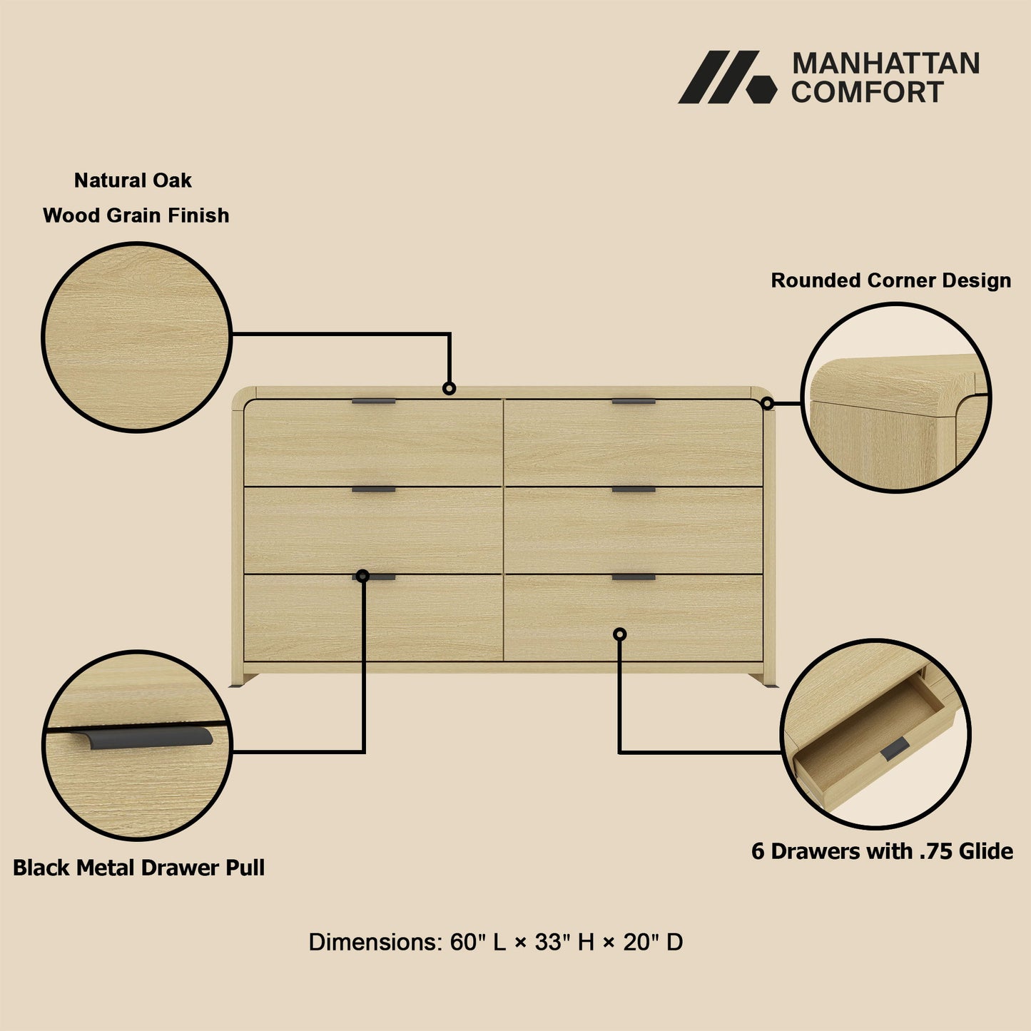 Grace - 60" Dresser - Natural Oak