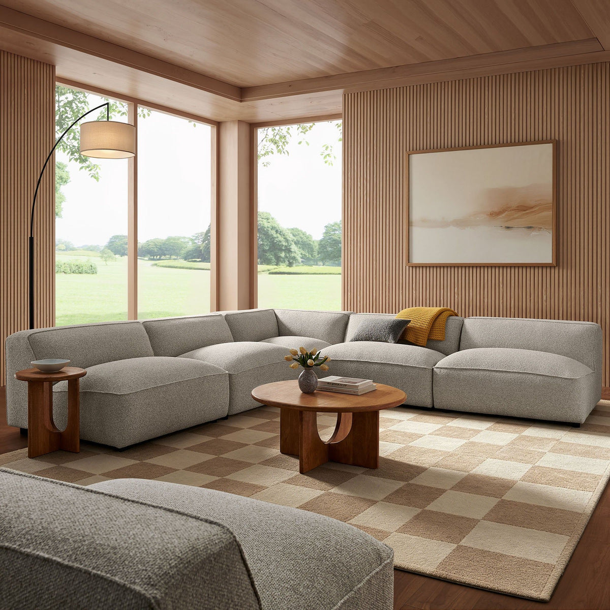 Auren 5 Piece Lattice Boucle Upholstered Modular Corner Sectional - Fog