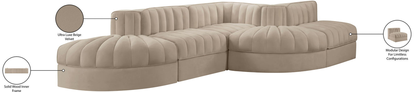 Rummi - Rounded Velvet Performance Fabric Upholstered 5 Piece Modular Sectional