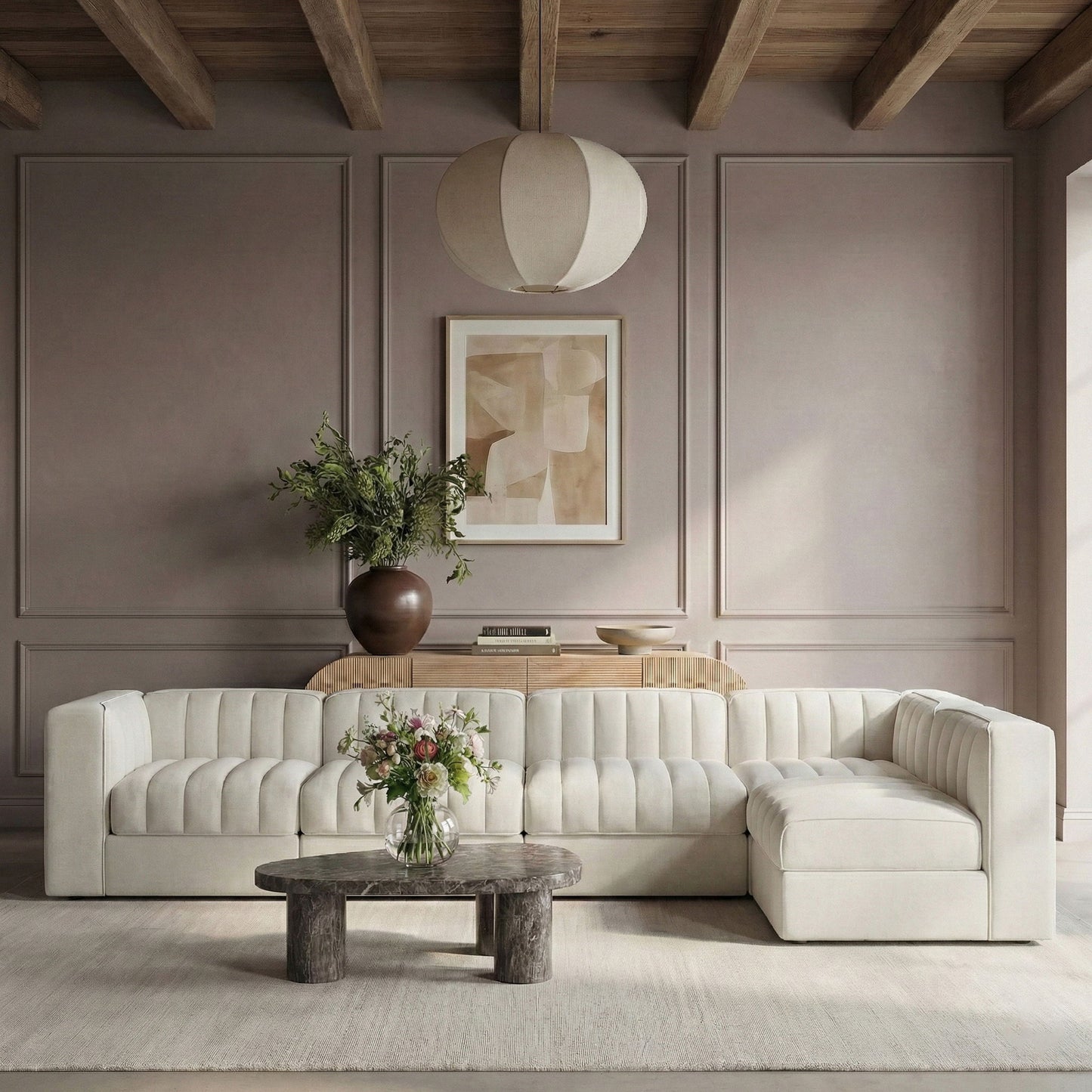 Rummi - Velvet Performance Fabric Upholstered 5 Piece Modular Sectional, L-Shaped (Right)