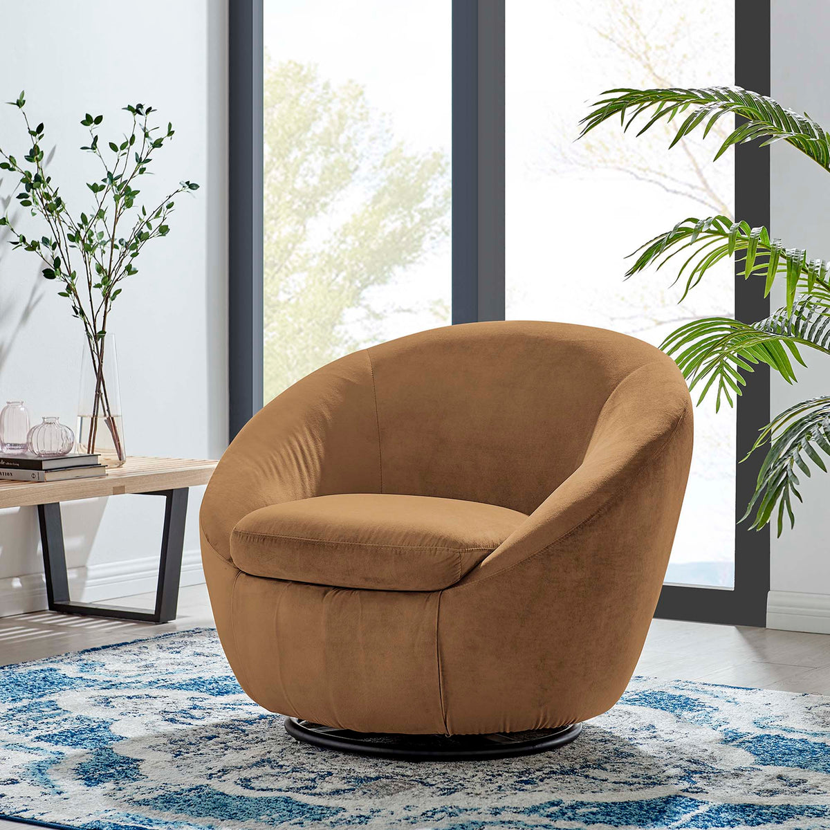 Buttercup Performance Velvet Swivel Chair - Black Cognac