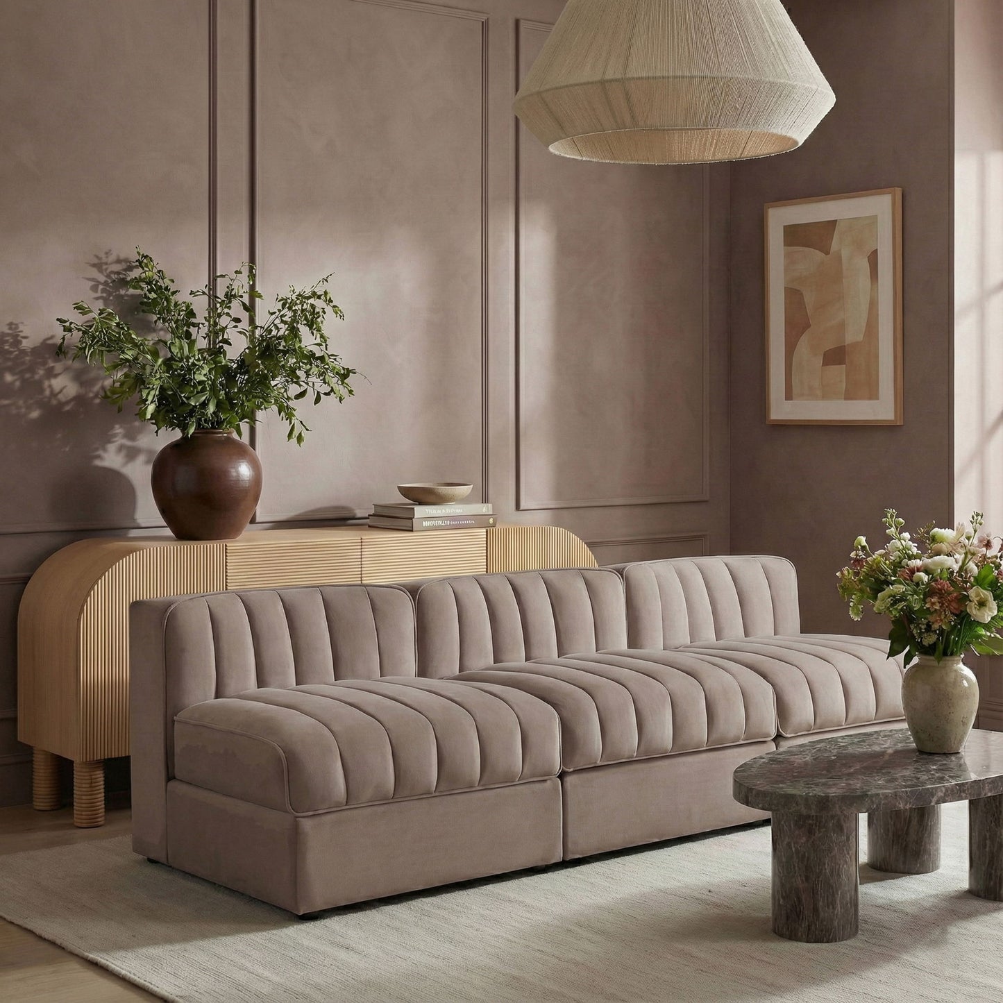 Rummi - Velvet Performance Fabric Upholstered 3 Piece Modular Armless Sofa