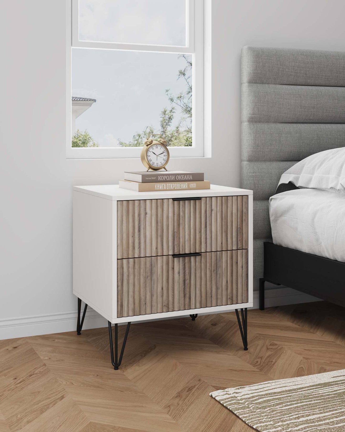 Manhattan Dumbo - Fluted 2-Drawer Nightstand With White Frame