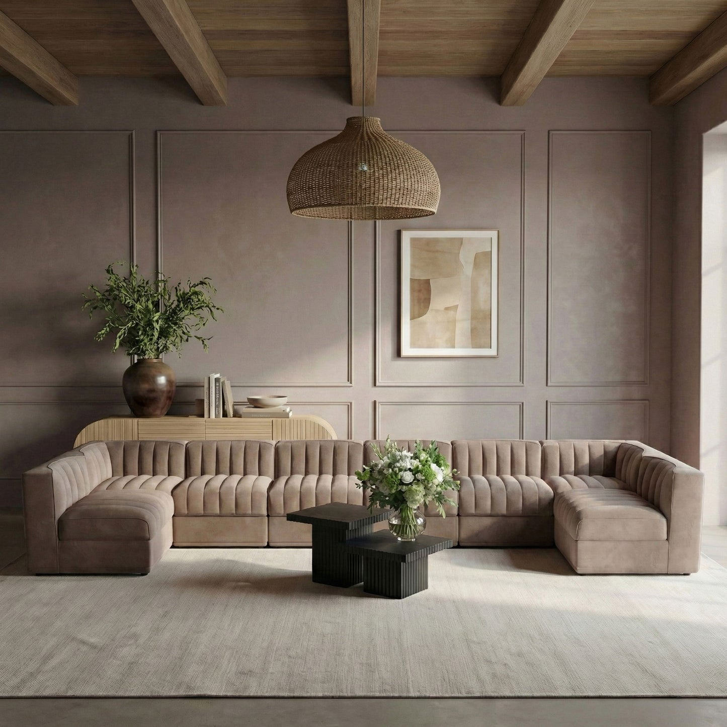 Rummi - Velvet Performance Fabric Upholstered 8 Piece Modular Sectional (With 2 Corner Chairs)