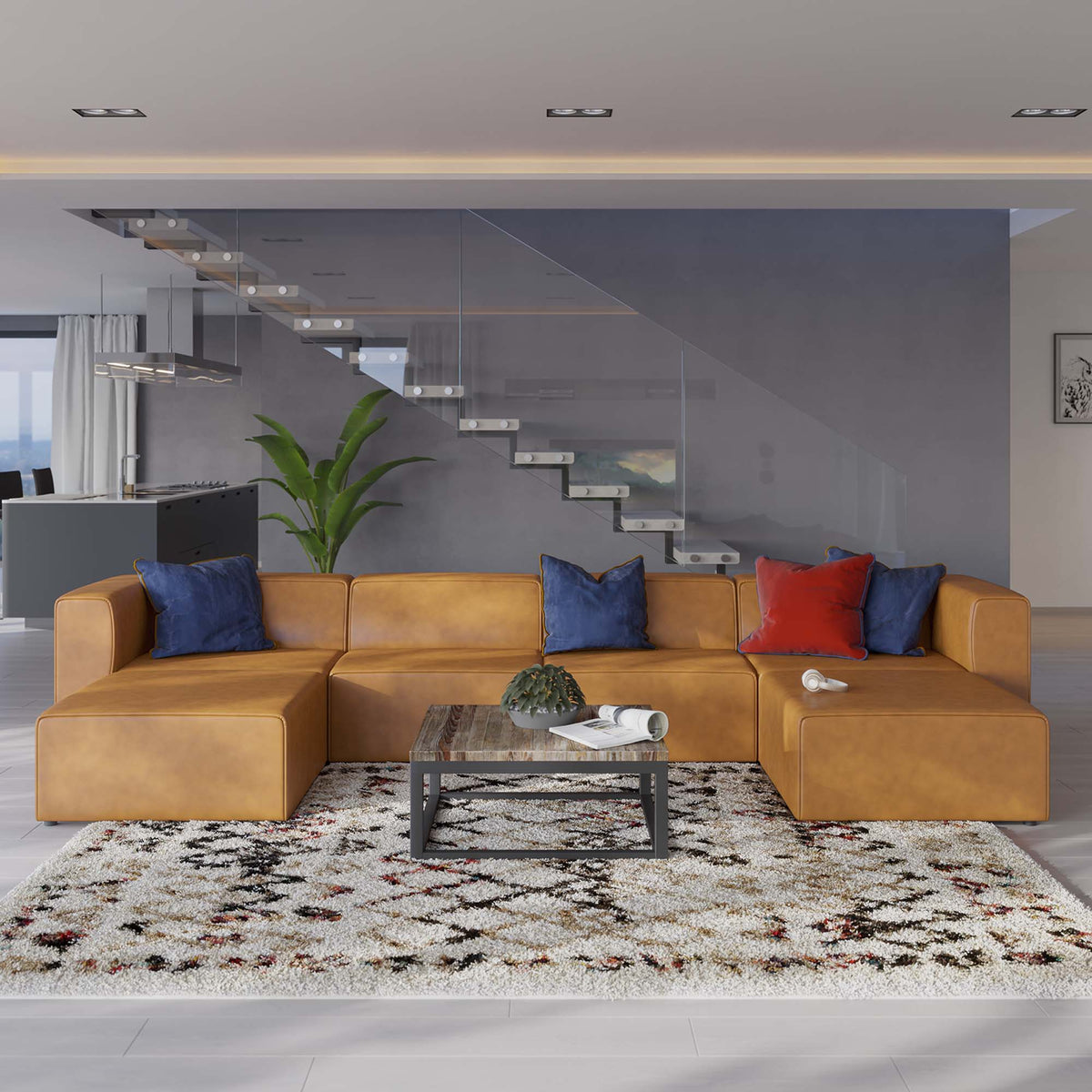 Mingle Vegan Leather 4-Piece Sofa and 2 Ottomans Set - Tan