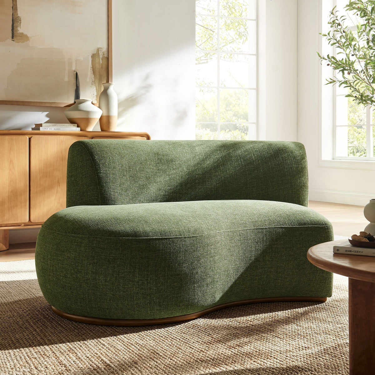 Rialta Curved Left-Arm Slub Weave Fabric Sectional Loveseat - Foliage